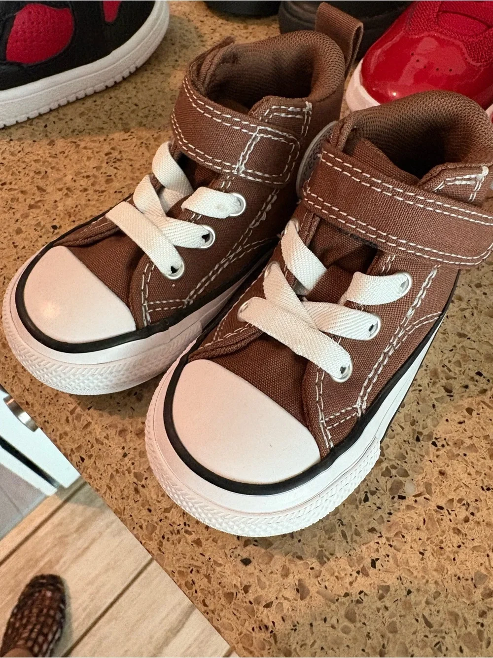 Kids Brown High-Top Canvas Sneakers with White Toe Cap